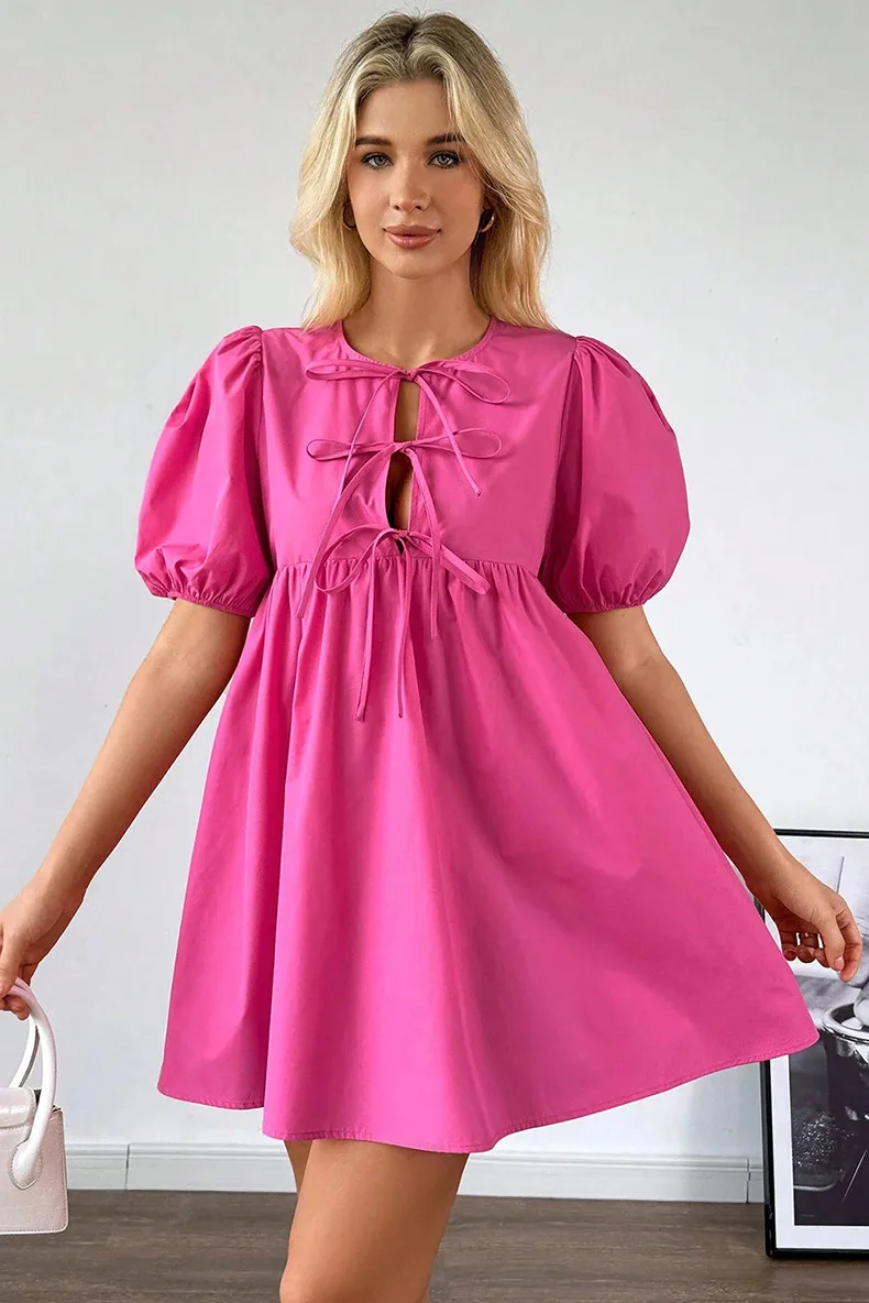 Women's T Shirt Dress Casual Elegant Round Neck Bowknot Short Sleeve Solid Color Above Knee Daily display picture 4