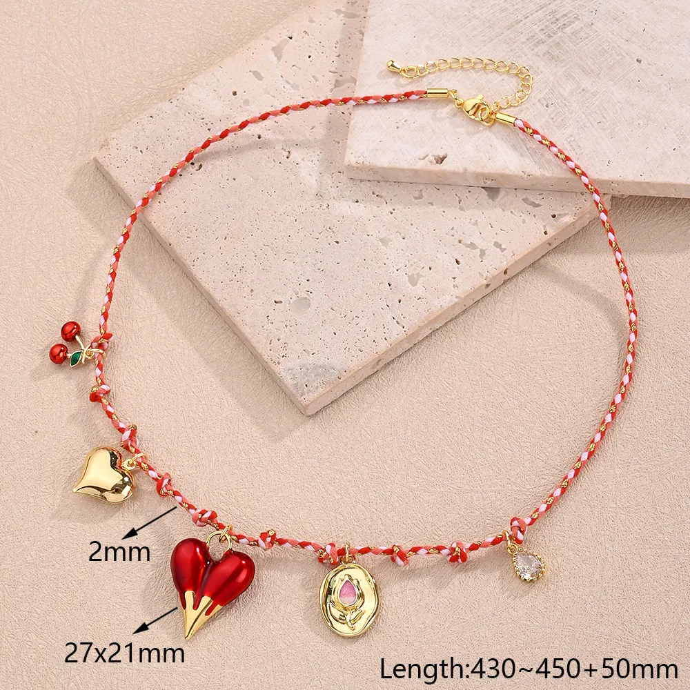 Modern Style Sweet Fruit Heart Shape Flower 304 Stainless Steel Cotton Copper Polishing Enamel Plating Zircon 18K Gold Plated Women's Bracelets Necklace Jewelry Set display picture 3