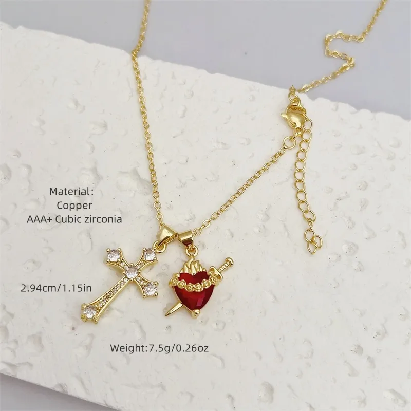 Retro Classic Style Cross Heart Shape Copper Inlay Zircon 18K Gold Plated Women's Pendant Necklace display picture 1