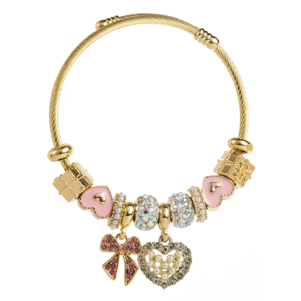Simple Style Classic Style Commute Heart Shape Bow Knot Alloy Beaded Inlay Rhinestones Pearl Beads K Gold Plated Women's Bangle display picture 8