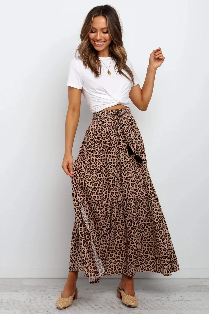 Women's Skirt Casual Elastic Drawstring Design Leopard Maxi Long Dress Daily display picture 1