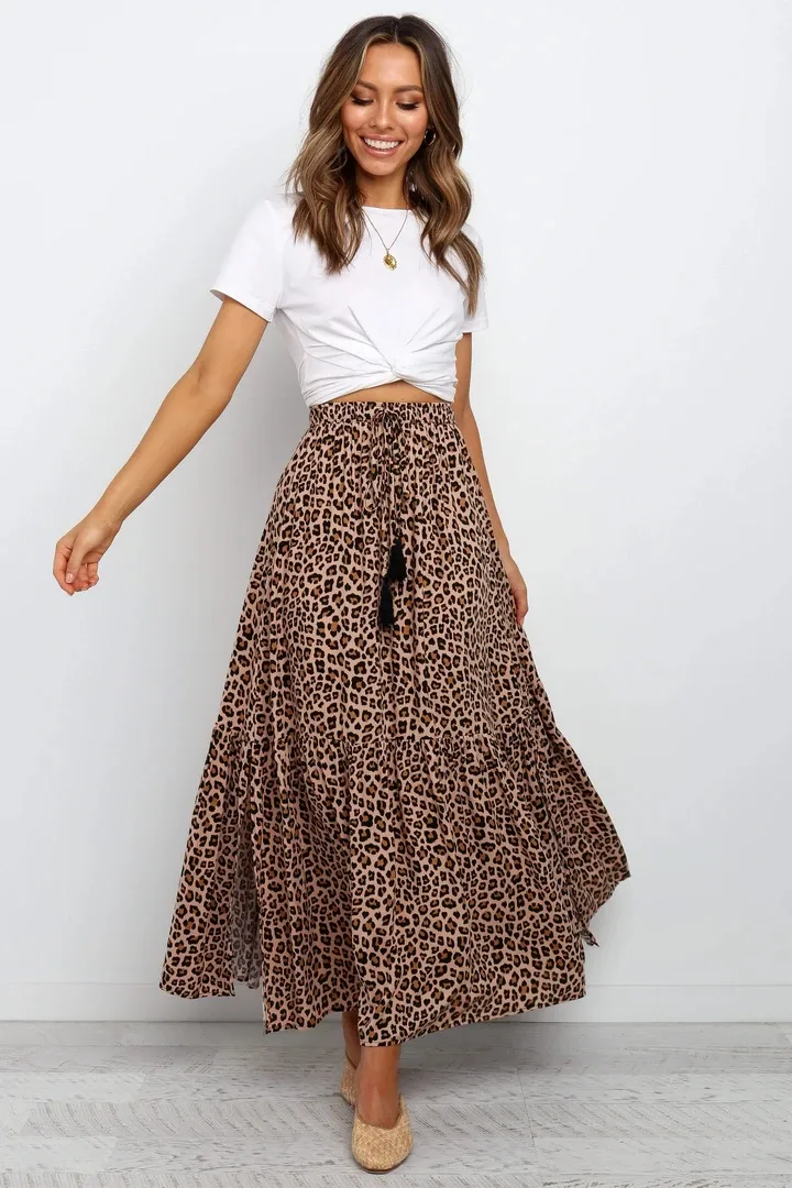 Women's Skirt Casual Elastic Drawstring Design Leopard Maxi Long Dress Daily display picture 3