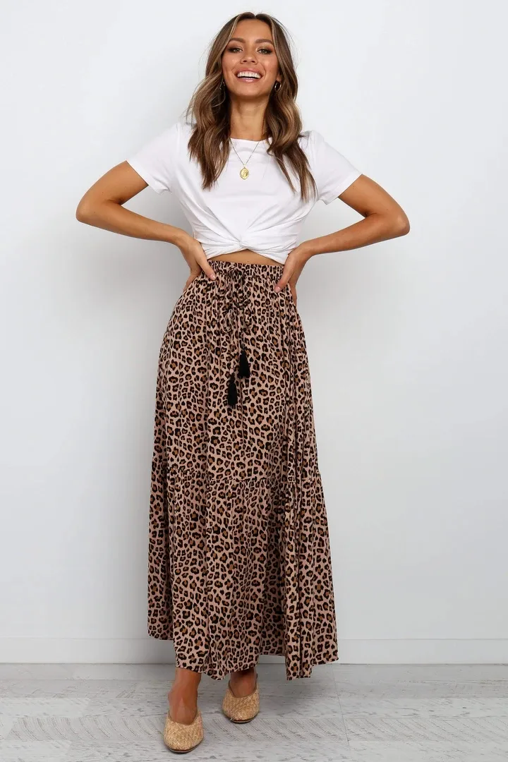 Women's Skirt Casual Elastic Drawstring Design Leopard Maxi Long Dress Daily display picture 5