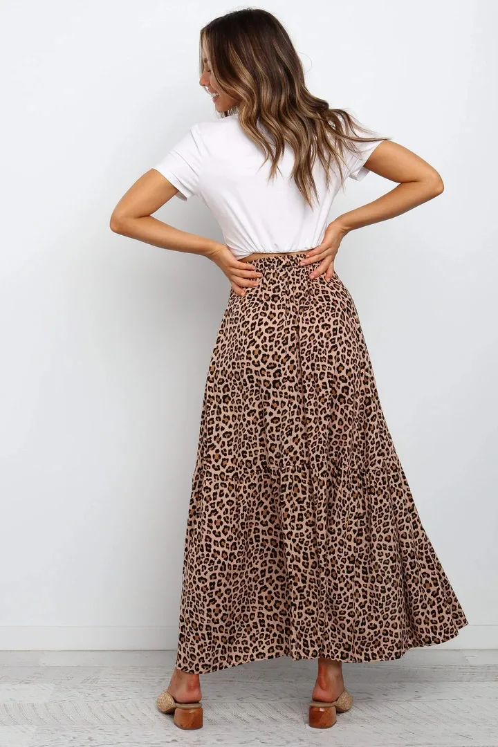 Women's Skirt Casual Elastic Drawstring Design Leopard Maxi Long Dress Daily display picture 8