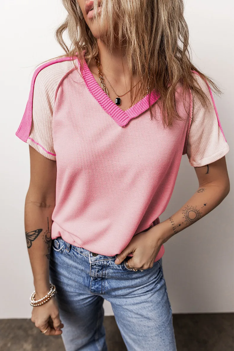 Women's T-shirt Short Sleeve T-Shirts Vacation Simple Style Color Block display picture 2
