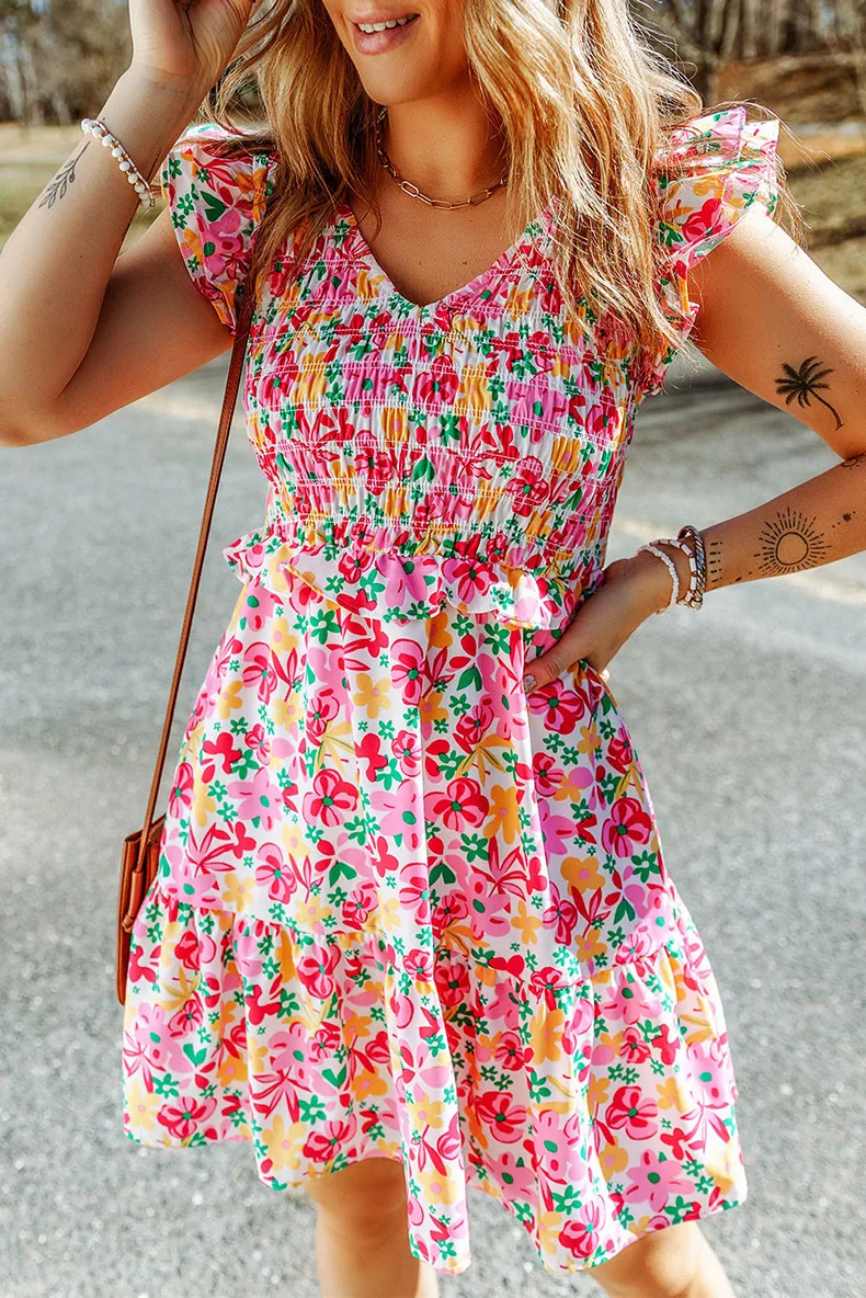 Women's Floral Dress Casual Vacation V Neck Ruffles Short Sleeve Flower Above Knee Holiday Daily display picture 2