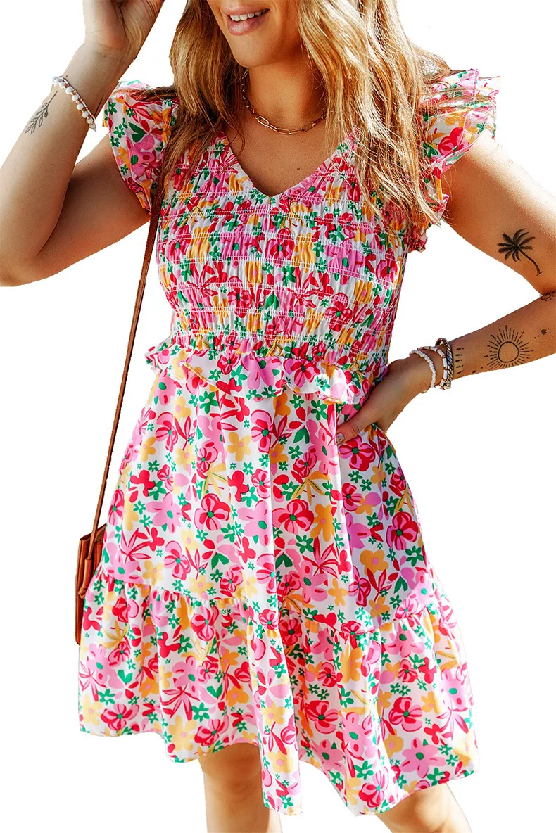 Women's Floral Dress Casual Vacation V Neck Ruffles Short Sleeve Flower Above Knee Holiday Daily display picture 4