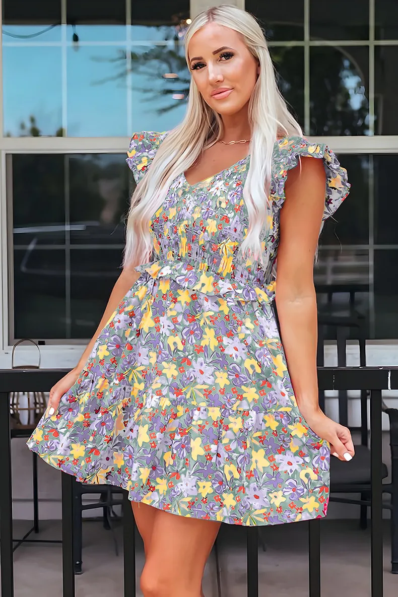 Women's Floral Dress Casual Vacation V Neck Ruffles Short Sleeve Flower Above Knee Holiday Daily display picture 5