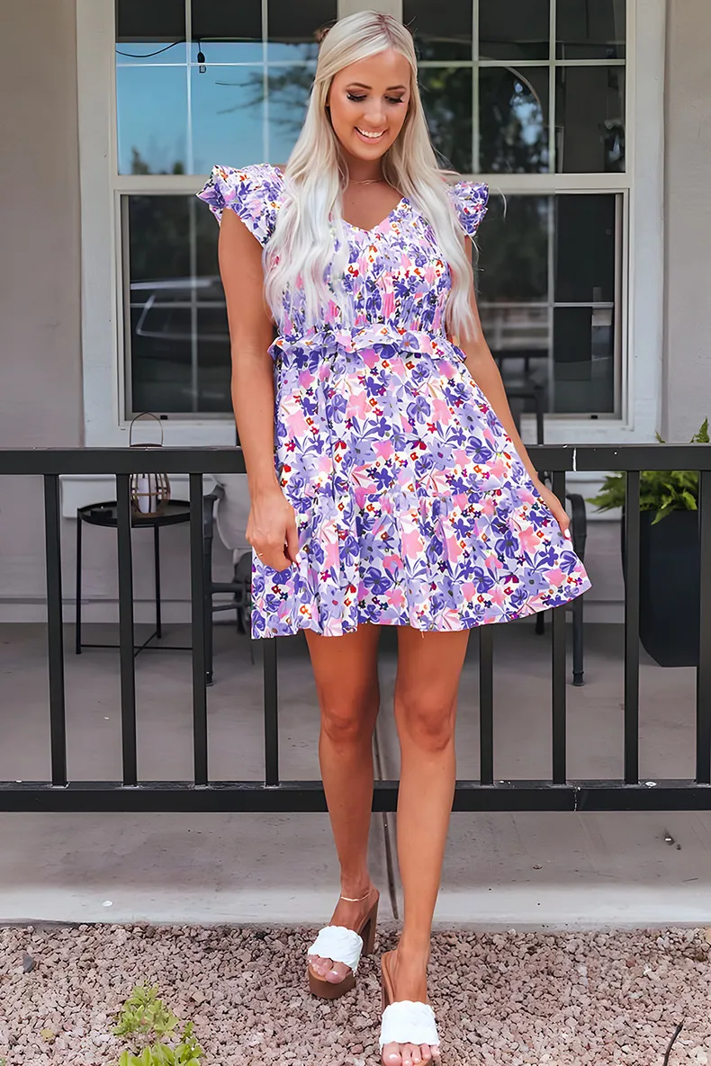 Women's Floral Dress Casual Vacation V Neck Ruffles Short Sleeve Flower Above Knee Holiday Daily display picture 7