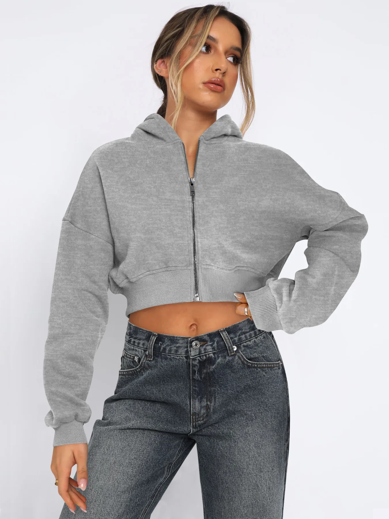 Foreign Trade  Fashion Short Fashion Women's Long Sleeve Solid Color Zipper Hooded Loose Sweatshirt Round Neck All-match Jacket display picture 16
