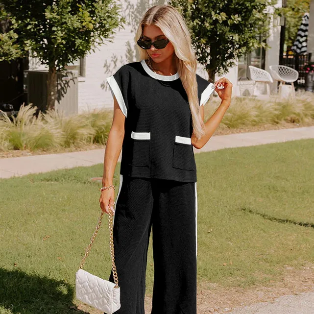 Hot Selling  Spring And Summer New Simple Stitching Color Contrast High-grade Elegant Commuter Crewneck Two-piece Suit Set display picture 37