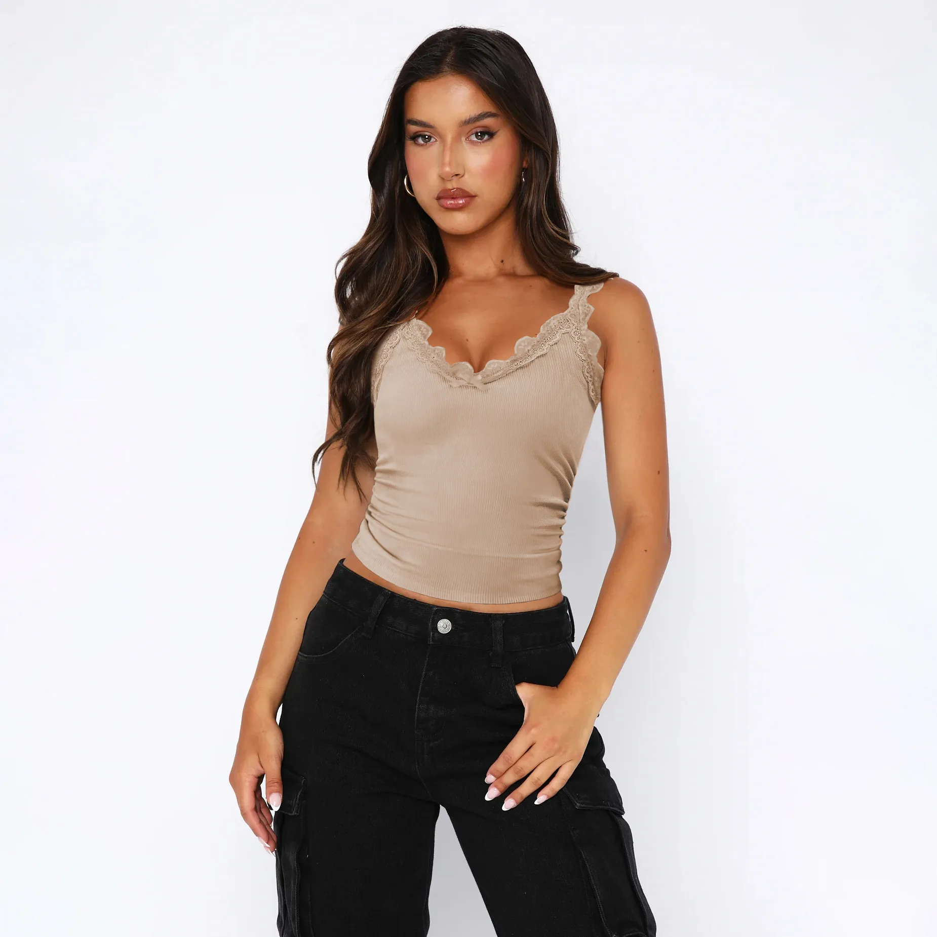 Fashion New Sexy Lace Stitching V-neck Strap Solid Color All-match Vest Spring And Summer display picture 27