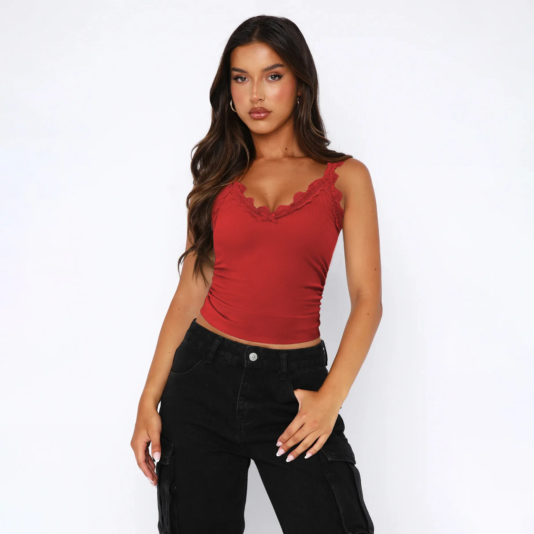 Fashion New Sexy Lace Stitching V-neck Strap Solid Color All-match Vest Spring And Summer display picture 2