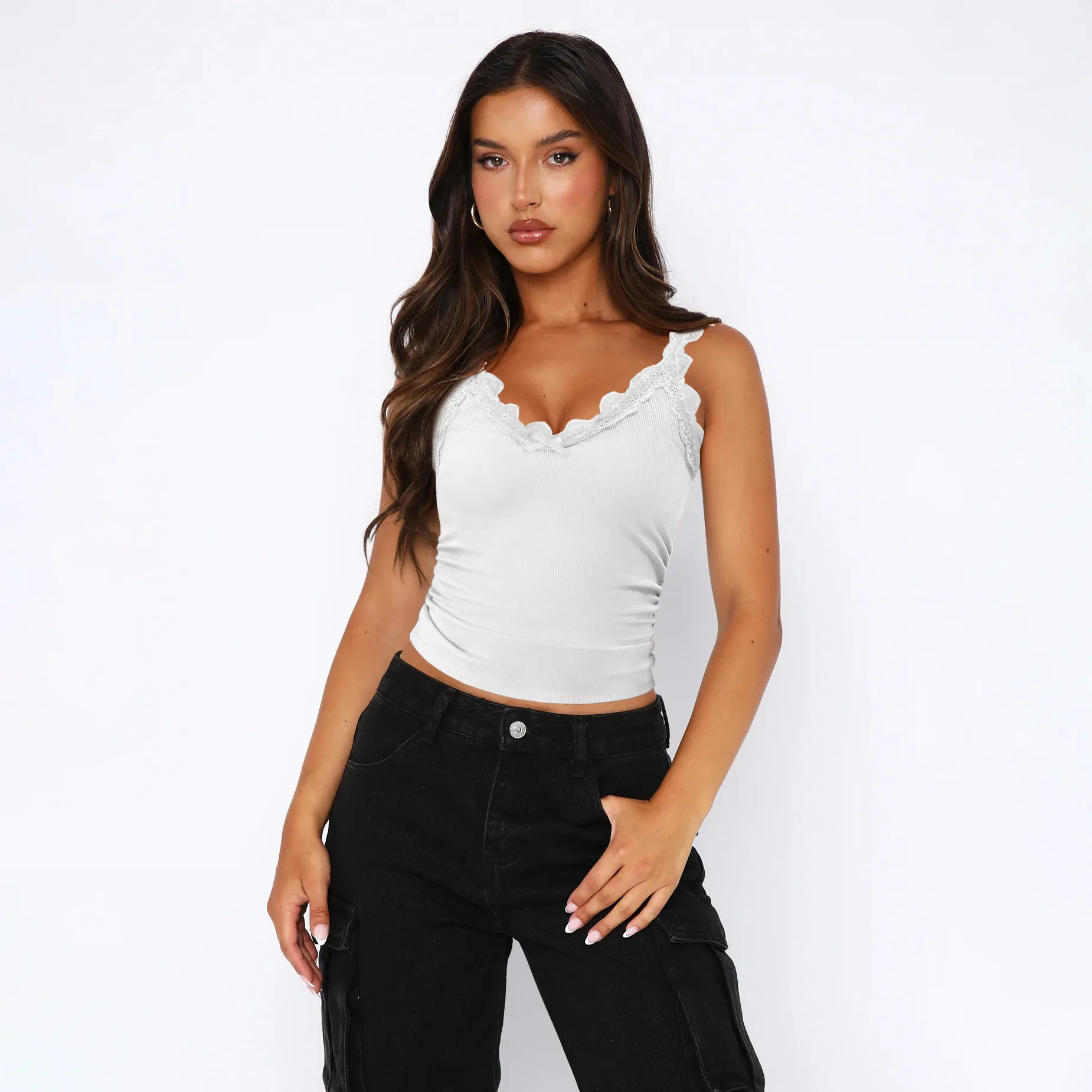 Fashion New Sexy Lace Stitching V-neck Strap Solid Color All-match Vest Spring And Summer display picture 7
