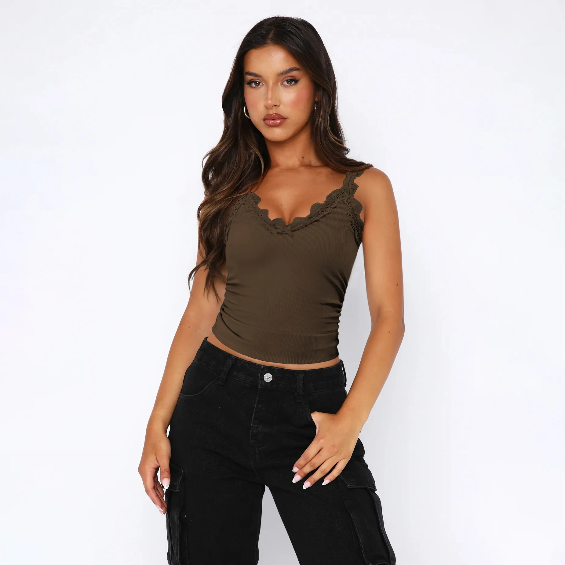 Fashion New Sexy Lace Stitching V-neck Strap Solid Color All-match Vest Spring And Summer display picture 17