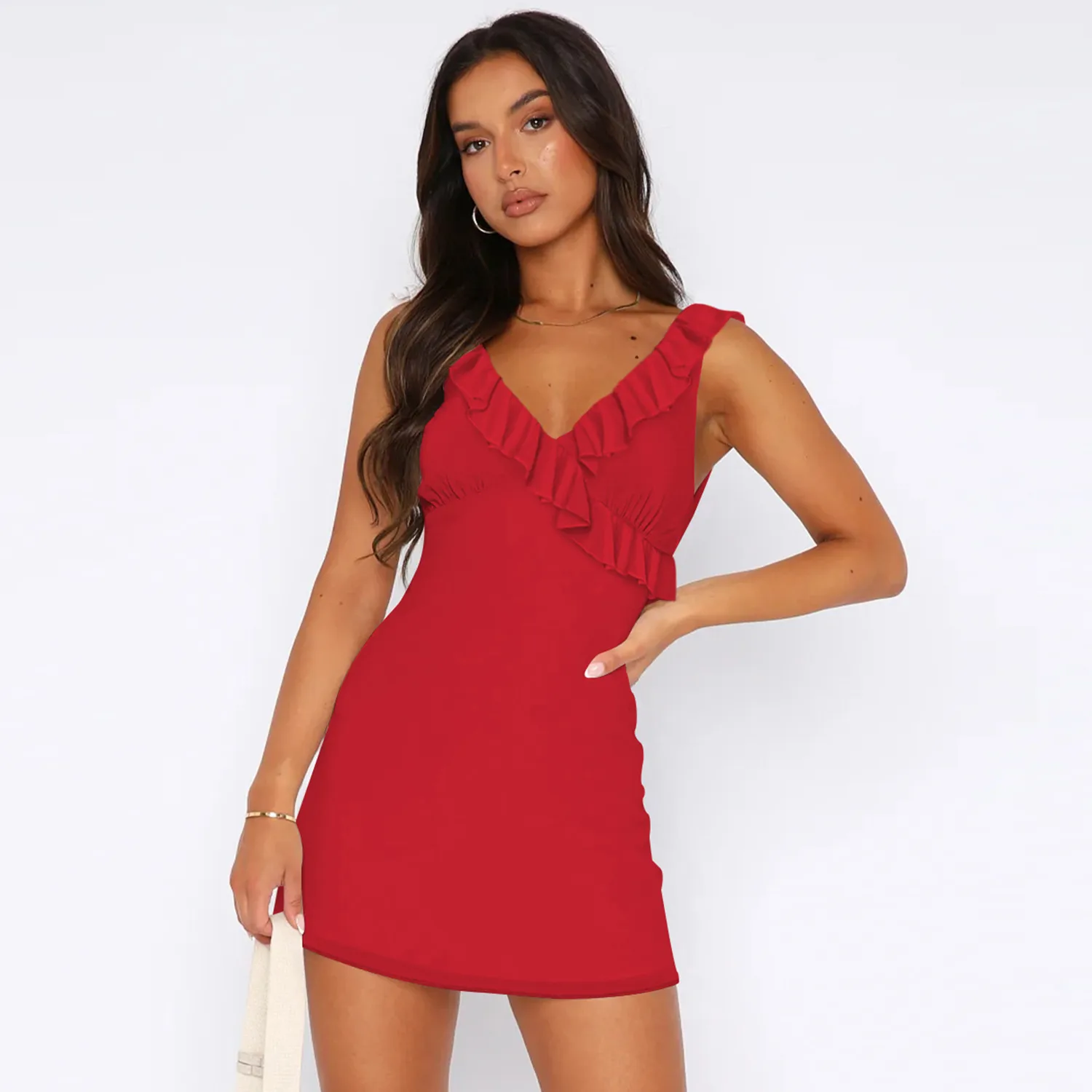 Hot Selling Spring And Summer  Sleeveless Ruffled Shoulder Strap Modified Tight Waist Slimming Dress For Women display picture 25