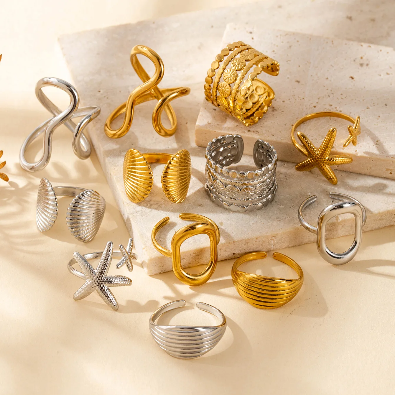 Vintage Style French Style Simple Style Geometric Starfish Shell 304 Stainless Steel Unisex Open Rings display picture 2