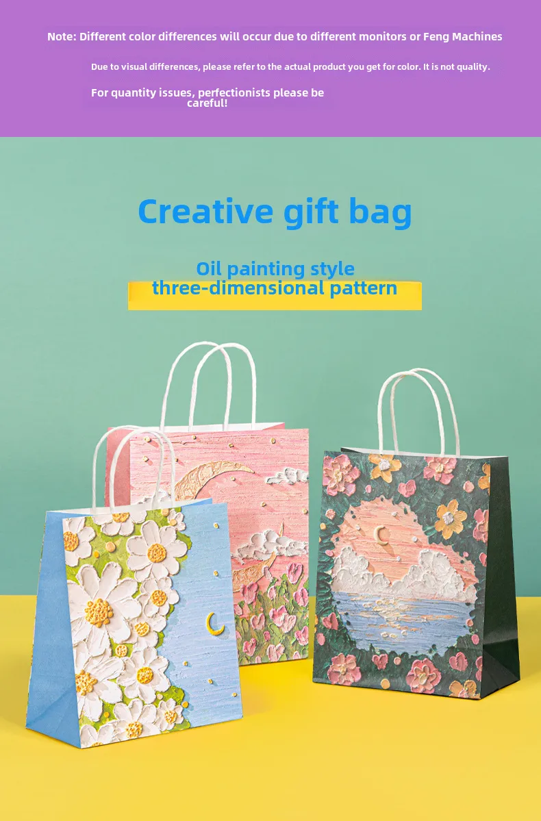 Oil Painting Style Kraft Paper Bag Custom Cross-border Gift Bag Milk Tea Baking Takeaway Tote Bag Student Gift Bag display picture 1