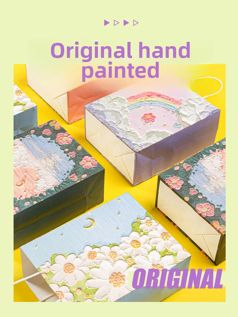 Oil Painting Style Kraft Paper Bag Custom Cross-border Gift Bag Milk Tea Baking Takeaway Tote Bag Student Gift Bag display picture 2