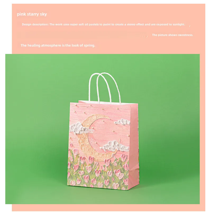 Oil Painting Style Kraft Paper Bag Custom Cross-border Gift Bag Milk Tea Baking Takeaway Tote Bag Student Gift Bag display picture 6