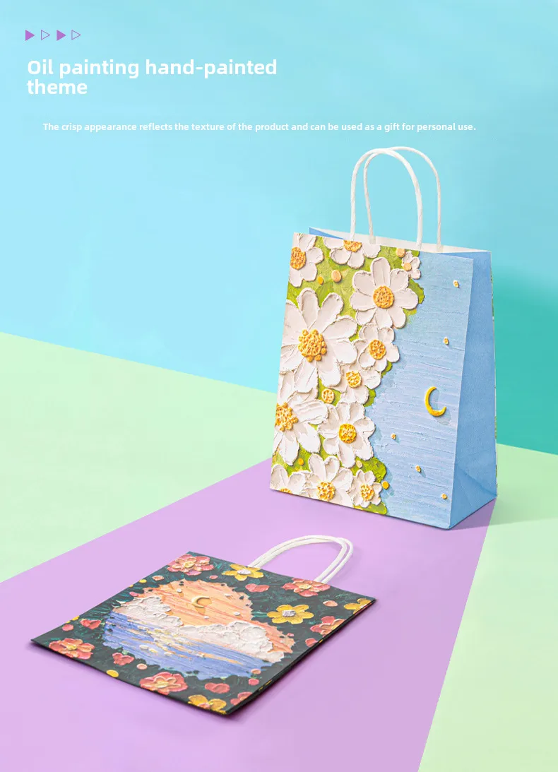 Oil Painting Style Kraft Paper Bag Custom Cross-border Gift Bag Milk Tea Baking Takeaway Tote Bag Student Gift Bag display picture 8