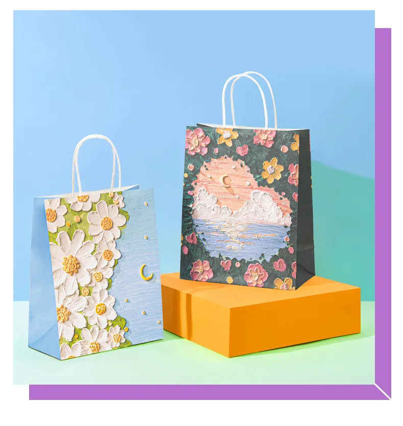 Oil Painting Style Kraft Paper Bag Custom Cross-border Gift Bag Milk Tea Baking Takeaway Tote Bag Student Gift Bag display picture 12