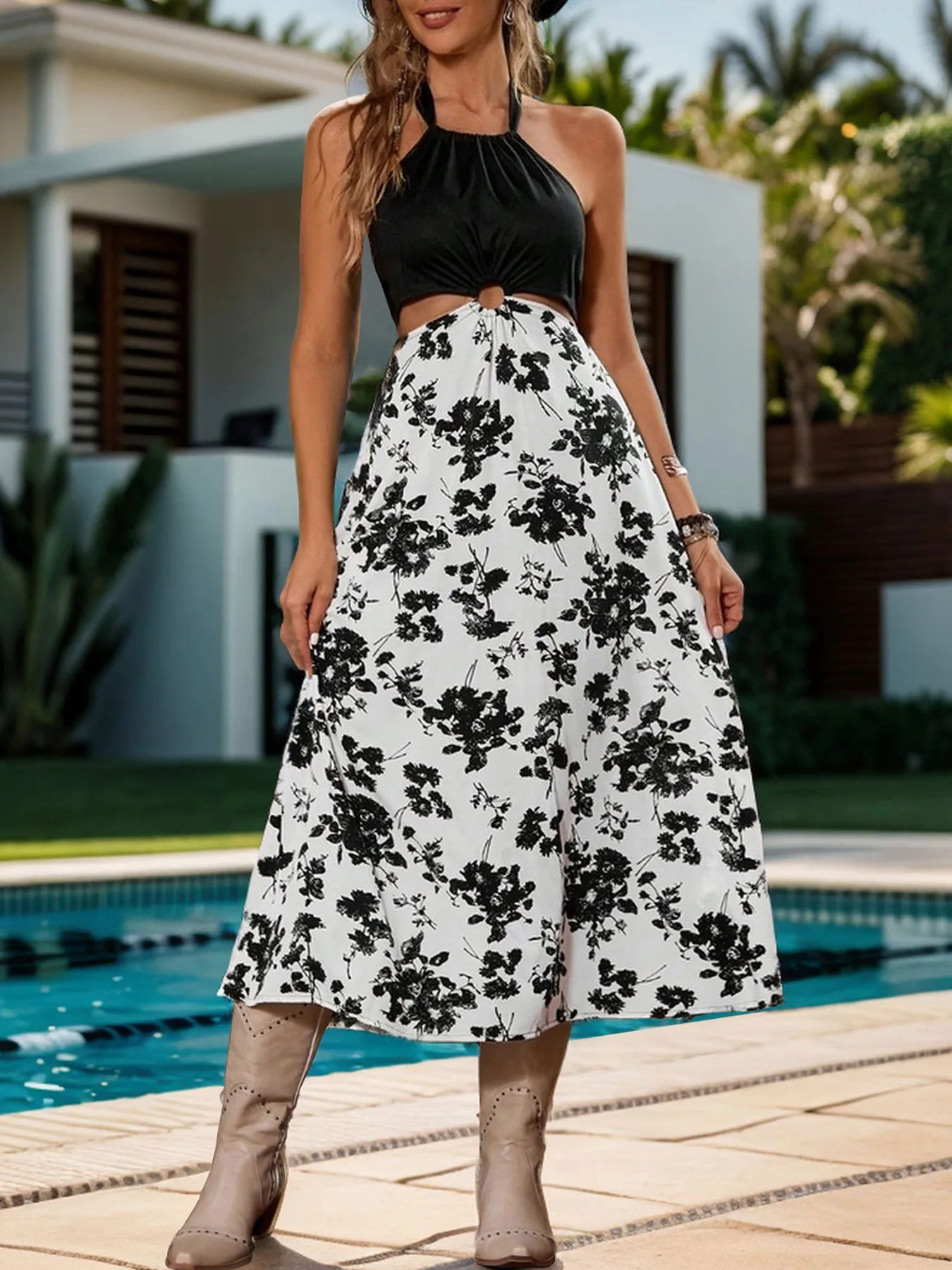 Women's A- Line Skirt Elegant Simple Style Streetwear Halter Neck Hollow Out Sleeveless Flower Midi Dress Holiday Daily Selfie display picture 3
