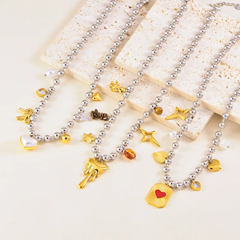 Vintage Style Classic Style Heart Shape Bow Knot 304 Stainless Steel Mixed Metal Plating Women's Multi Charms Necklace display picture 7