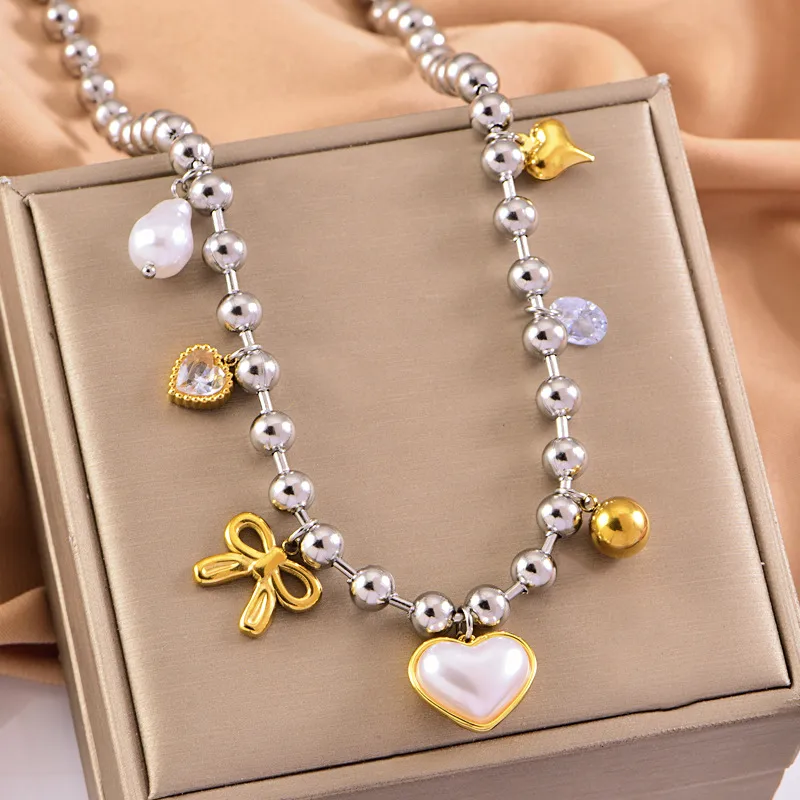 Vintage Style Classic Style Heart Shape Bow Knot 304 Stainless Steel Mixed Metal Plating Women's Multi Charms Necklace display picture 9
