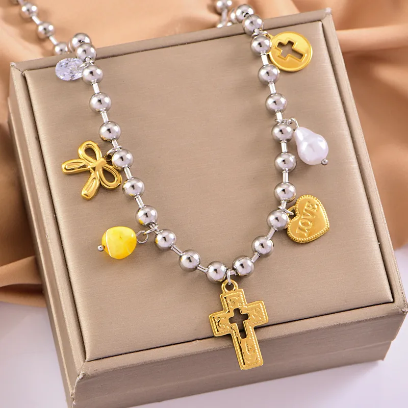 Vintage Style Classic Style Heart Shape Bow Knot 304 Stainless Steel Mixed Metal Plating Women's Multi Charms Necklace display picture 12