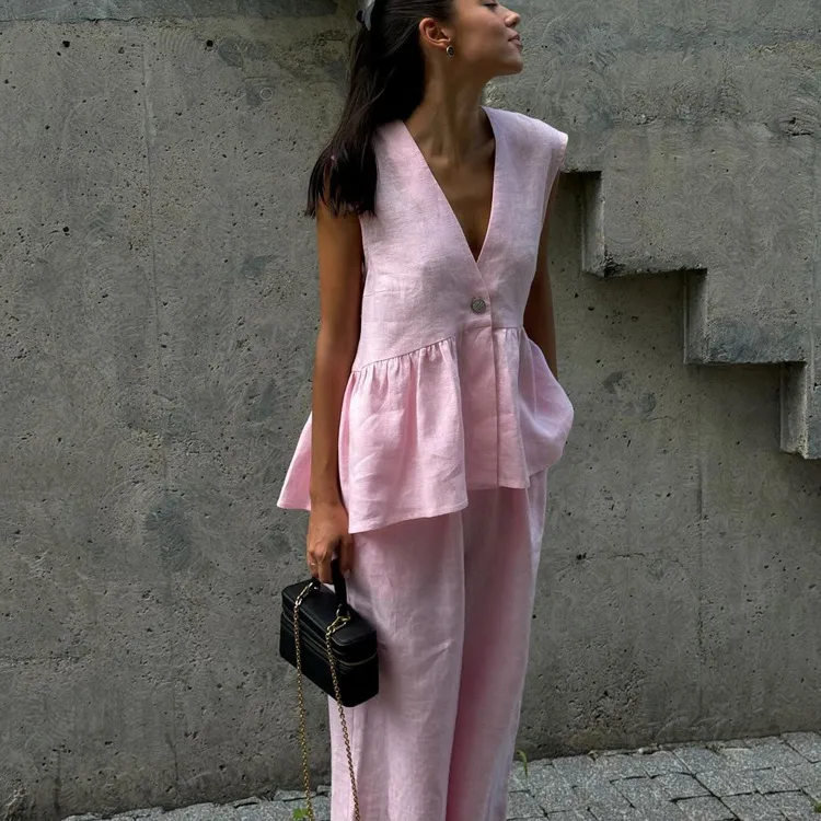 Cotton V-neck Sleeveless Top Vest Pants Suit Women's  New Solid Color Elegant Commuter Two-piece Set display picture 9