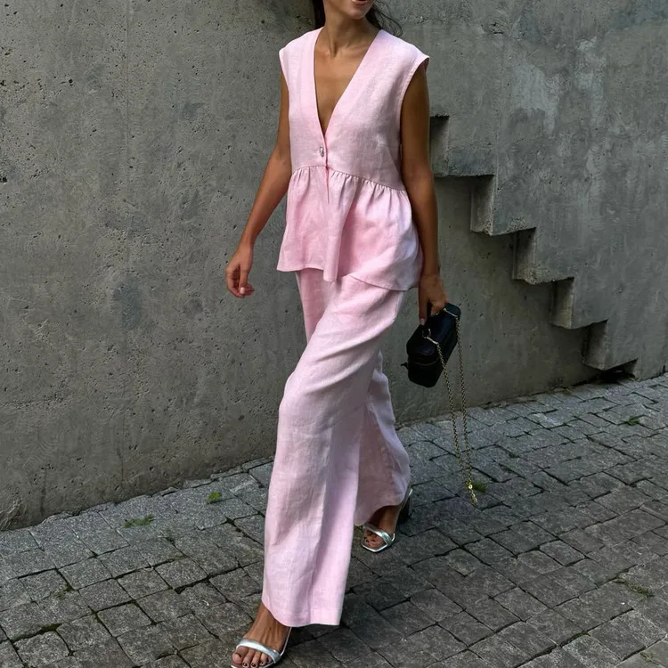 Cotton V-neck Sleeveless Top Vest Pants Suit Women's  New Solid Color Elegant Commuter Two-piece Set display picture 10