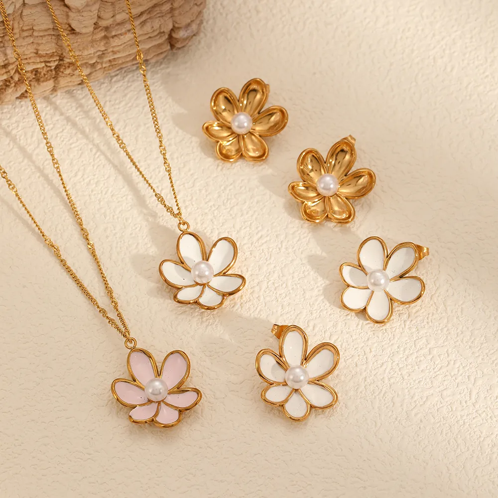 French Style Modern Style Flower 304 Stainless Steel Polishing Epoxy Plating Women's Earrings Necklace display picture 2