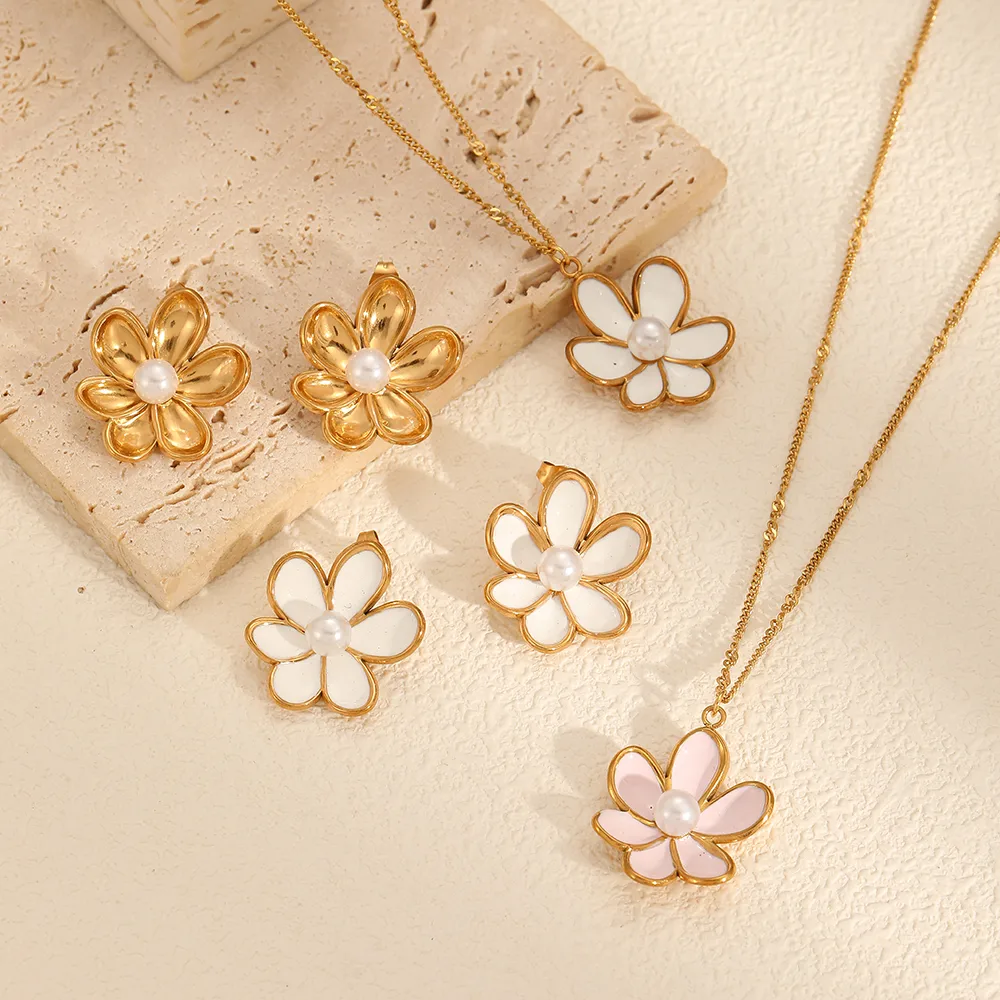 French Style Modern Style Flower 304 Stainless Steel Polishing Epoxy Plating Women's Earrings Necklace display picture 1
