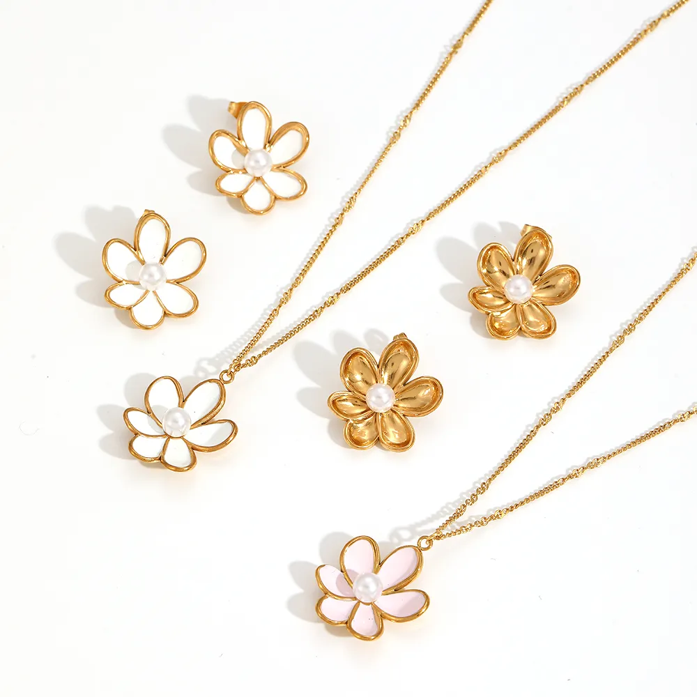 French Style Modern Style Flower 304 Stainless Steel Polishing Epoxy Plating Women's Earrings Necklace display picture 3