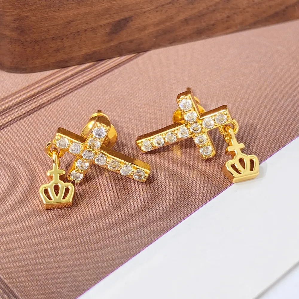 1 Pair Modern Style Cross Crown Plating Inlay Copper Zircon Drop Earrings display picture 2