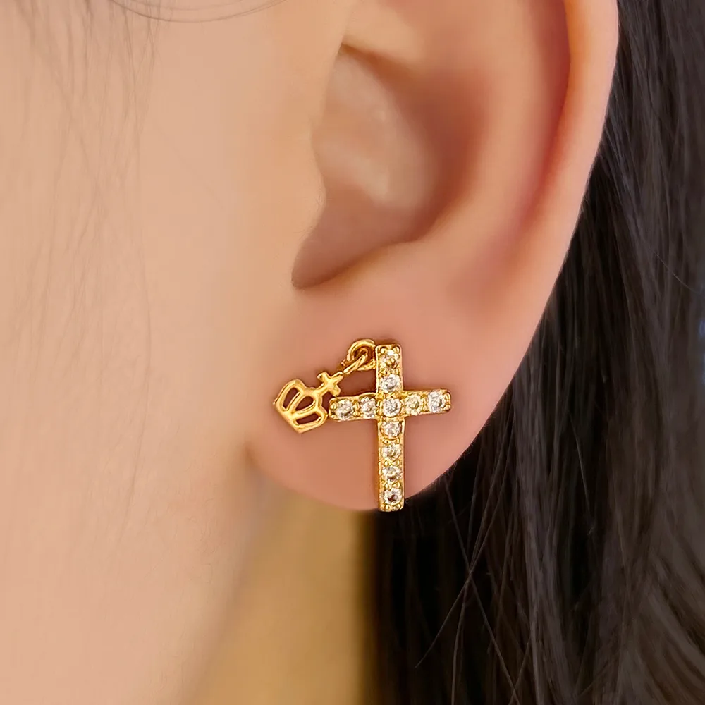 1 Pair Modern Style Cross Crown Plating Inlay Copper Zircon Drop Earrings display picture 6