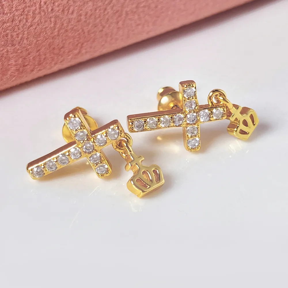 1 Pair Modern Style Cross Crown Plating Inlay Copper Zircon Drop Earrings display picture 4
