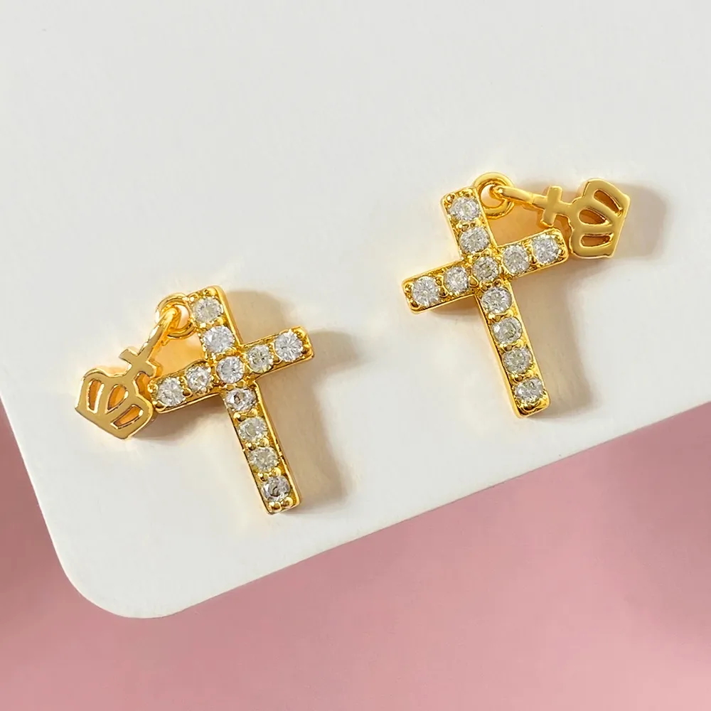 1 Pair Modern Style Cross Crown Plating Inlay Copper Zircon Drop Earrings display picture 5