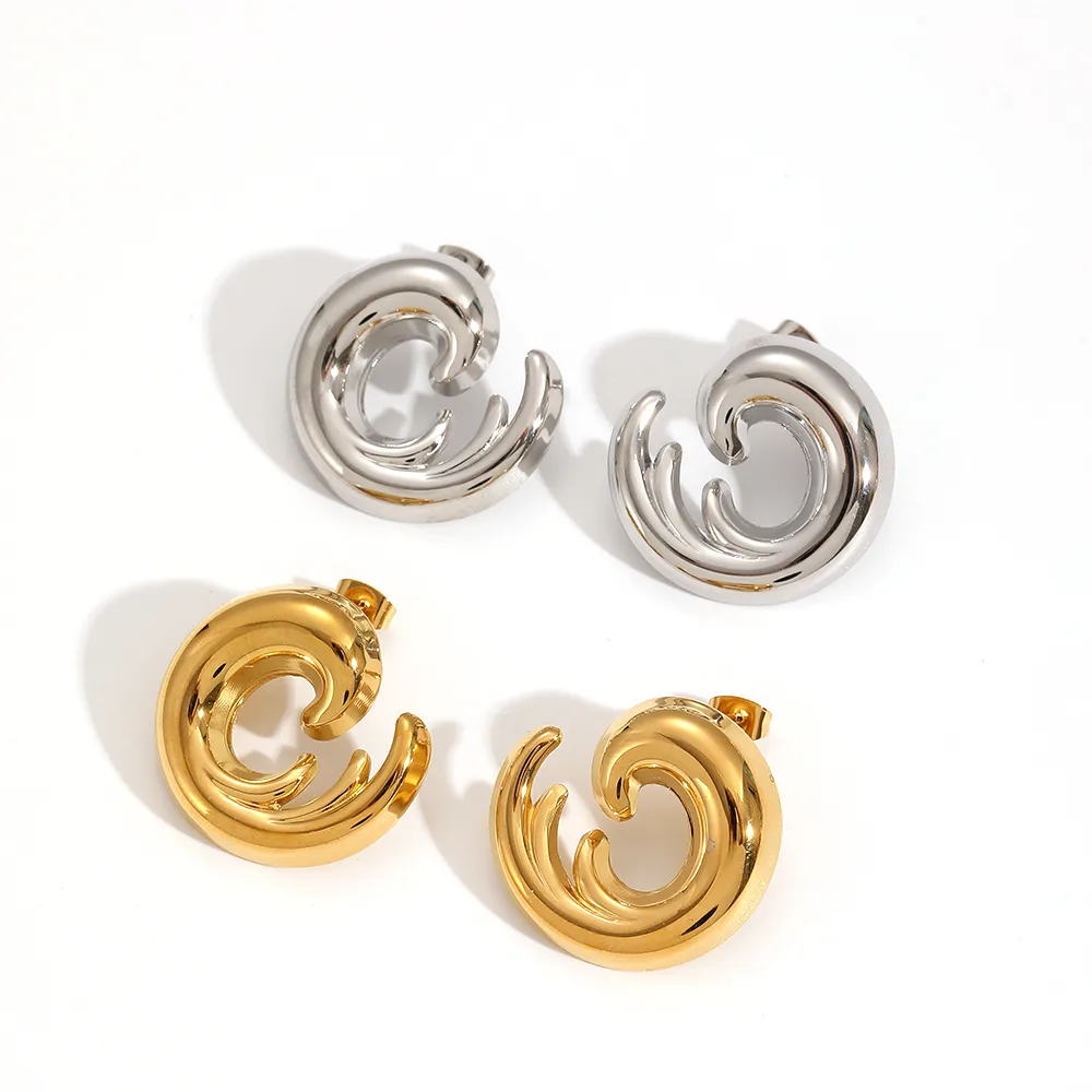 Retro Classic Style Sea Wave Polishing Plating 304 Stainless Steel 18K Gold Plated Ear Studs display picture 3