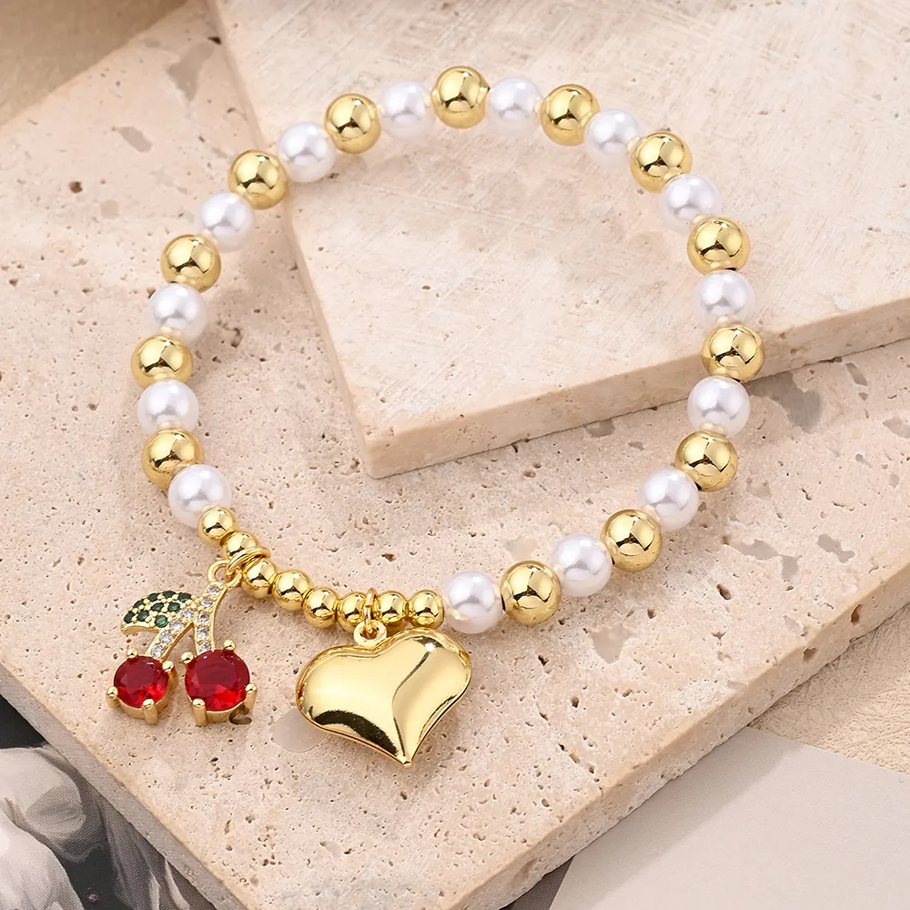 IG Style Casual Simple Style Love Cherry Heart Shape Arylic Copper Polishing Enamel Plating Zircon 18K Gold Plated Women's Bracelets display picture 2