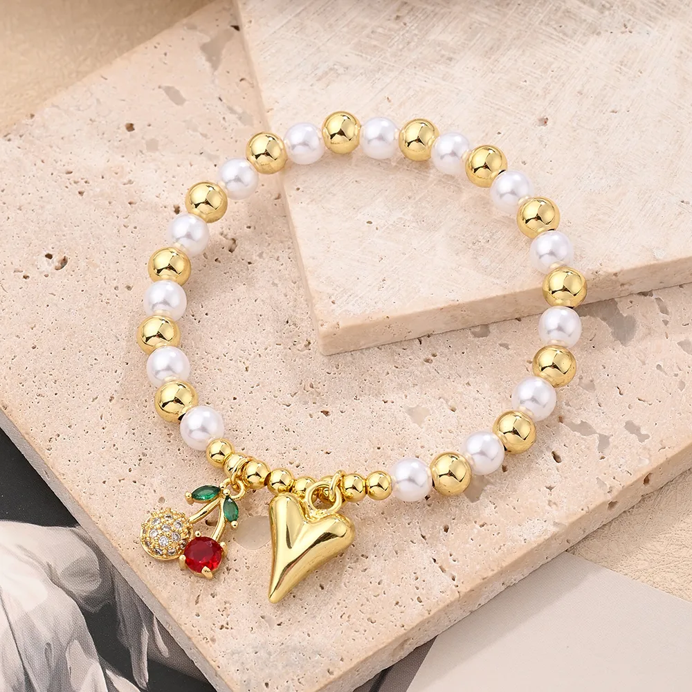 IG Style Casual Simple Style Love Cherry Heart Shape Arylic Copper Polishing Enamel Plating Zircon 18K Gold Plated Women's Bracelets display picture 5