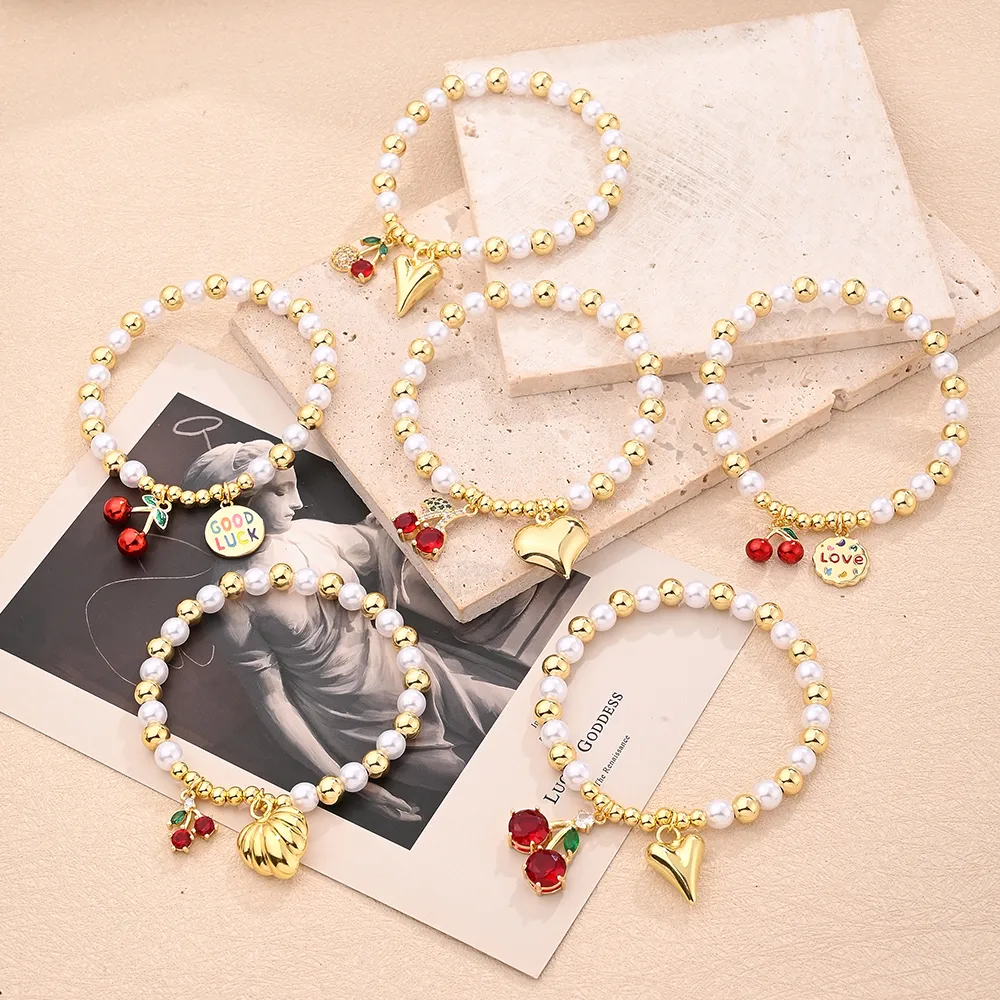 IG Style Casual Simple Style Love Cherry Heart Shape Arylic Copper Polishing Enamel Plating Zircon 18K Gold Plated Women's Bracelets display picture 1