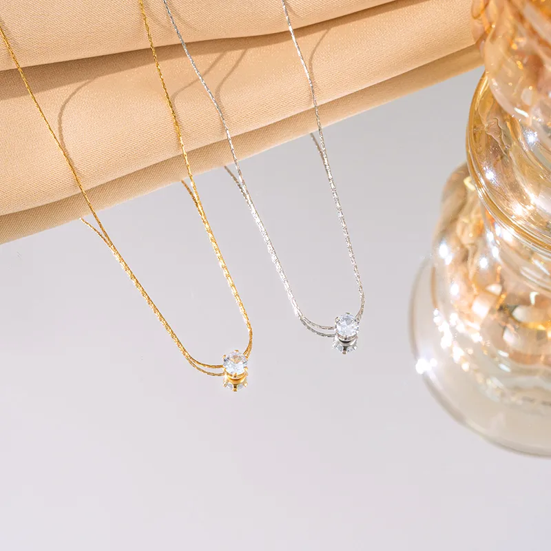Elegant Solid Color Shiny Round 304 Stainless Steel Zircon 18K Gold Plated Women's Pendant Necklace display picture 4