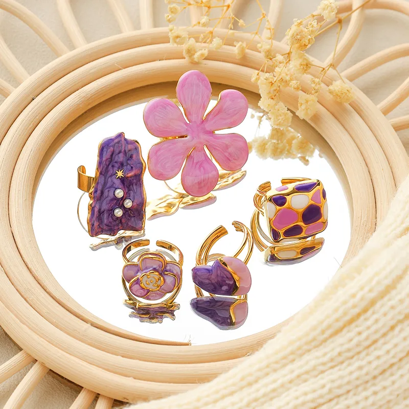 Elegant Cute Streetwear Geometric Heart Shape Flower 304 Stainless Steel Enamel Plating 14K Gold Plated Women's Open Rings display picture 1