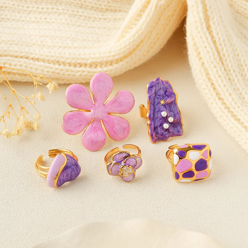 Elegant Cute Streetwear Geometric Heart Shape Flower 304 Stainless Steel Enamel Plating 14K Gold Plated Women's Open Rings display picture 2