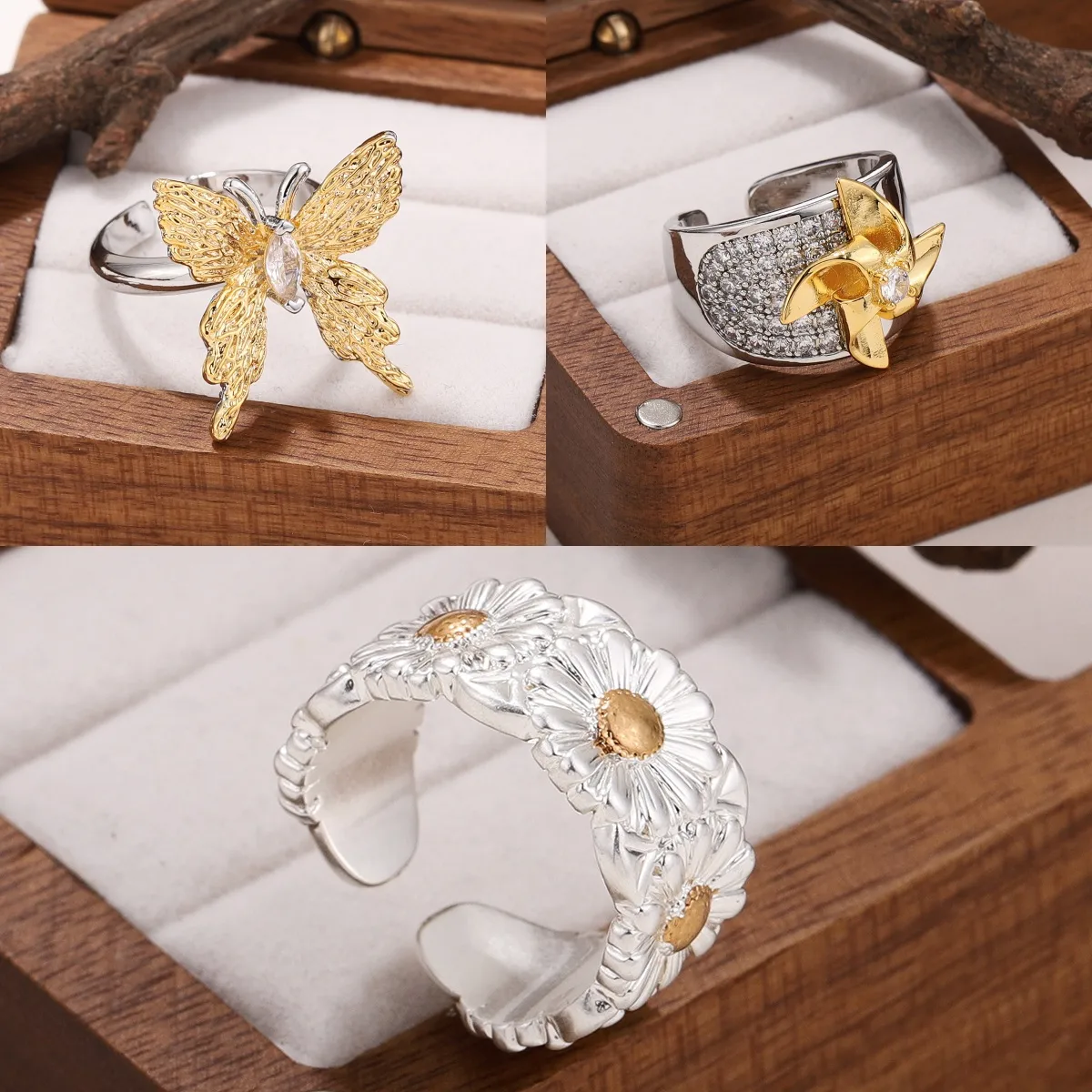Modern Style Butterfly Daisy Windmill Copper Inlay Zircon 18K Gold Plated Silver Plated Women's Open Rings display picture 1