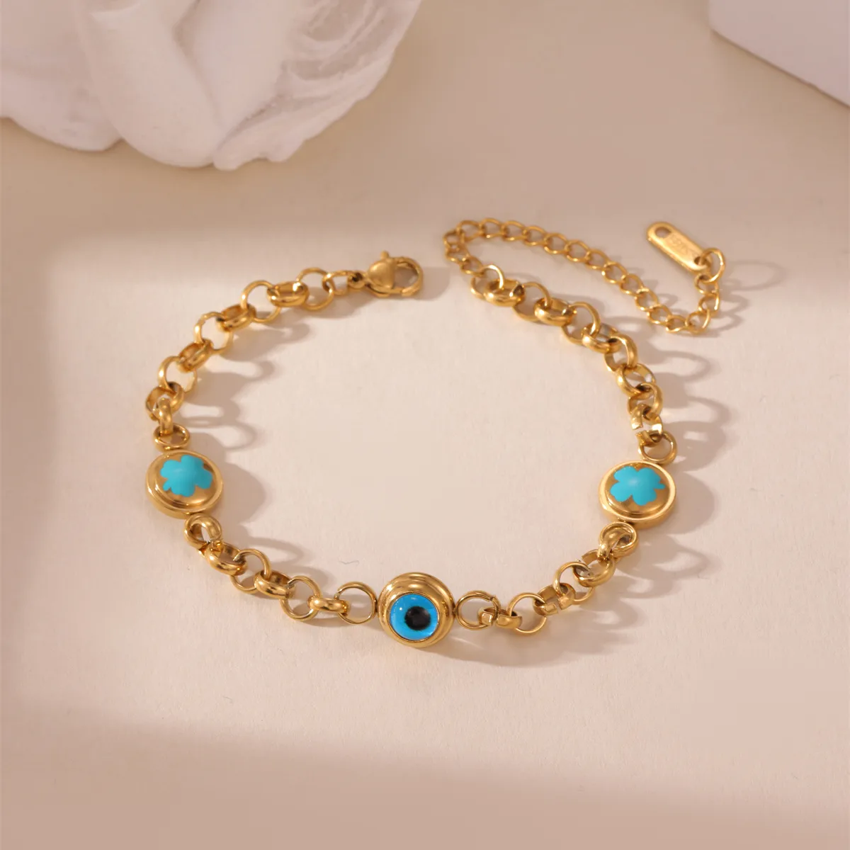 Casual Vintage Style Four Leaf Clover Devil's Eye 304 Stainless Steel 18K Gold Plated Paperclip Chain Snake Chain Bracelets In Bulk display picture 4