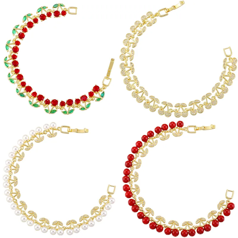 Elegant Luxurious Shiny Cherry Copper Plating Inlay Shell Pearls Zircon 18K Gold Plated Women's Bracelets display picture 1