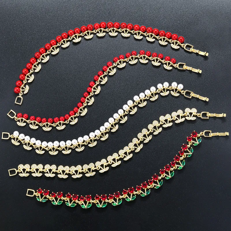 Elegant Luxurious Shiny Cherry Copper Plating Inlay Shell Pearls Zircon 18K Gold Plated Women's Bracelets display picture 3